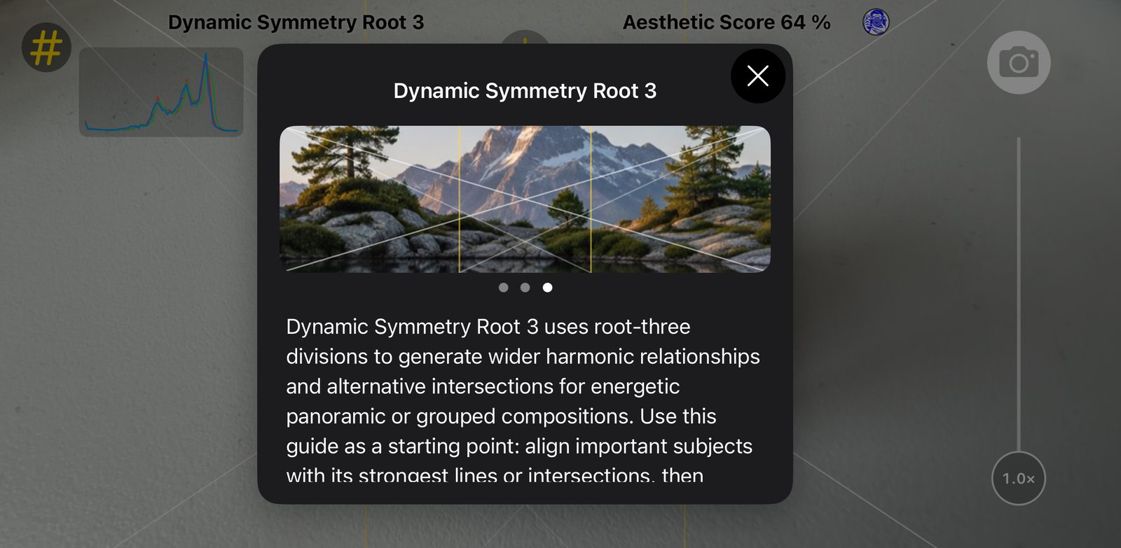 Composition tip explaining the Dynamic Symmetry Root 3 guide with an example photograph